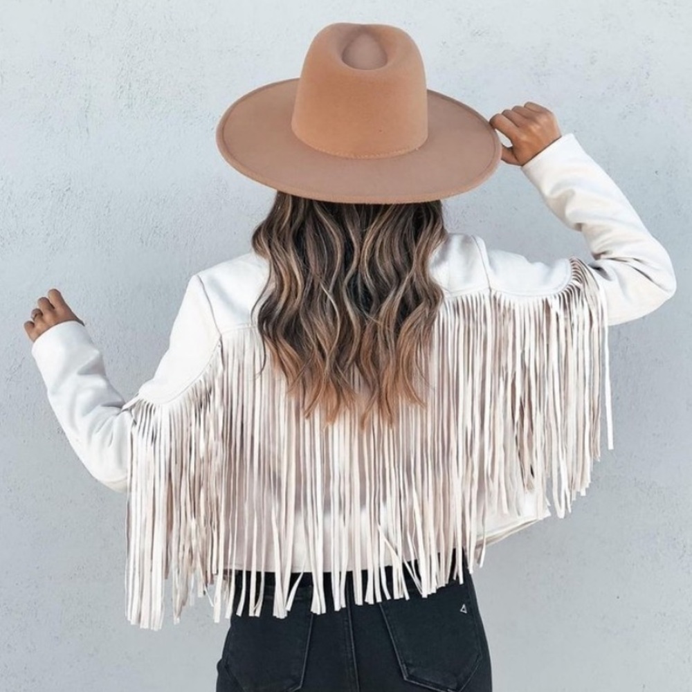 SOLD OUT Ivory Faux Leather Suede Fringe Cropped Western Boho Moto Jacket - Picture 1 of 10